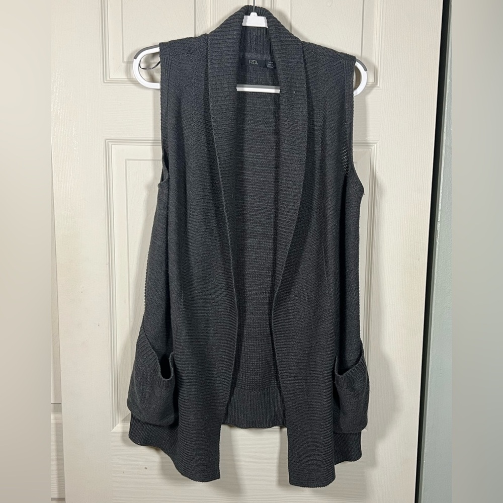 RD Style Charcoal Gray Knit Sleeveless Cardigan Vest Longline Pockets Boho Layer - Picture 3 of 7